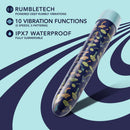 Limited Addiction Dreamscape 7-Inch Rechargeable Vibe in Blue with psychedelic design, showcasing RumbleTech vibrations, 10 modes, and waterproof feature.