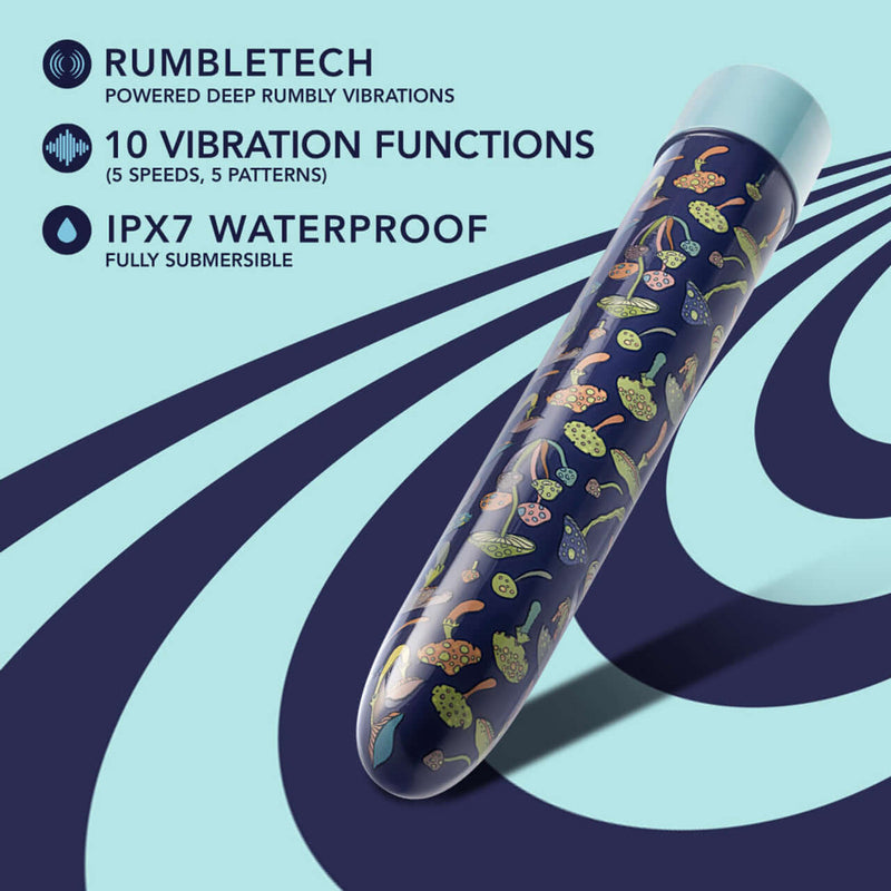 Limited Addiction Dreamscape 7-Inch Rechargeable Vibe in Blue with psychedelic design, showcasing RumbleTech vibrations, 10 modes, and waterproof feature.
