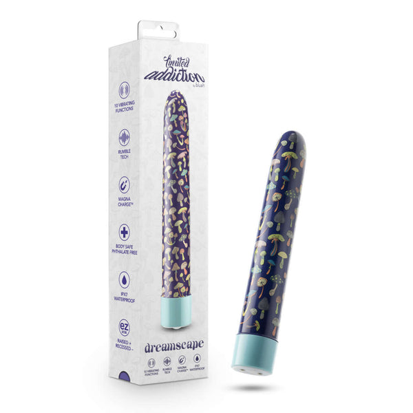 Limited Addiction Dreamscape 7-Inch Rechargeable Vibe with Psychedelic Design in Blue and Packaging Box