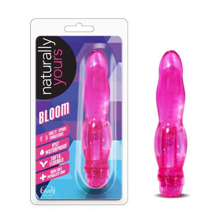Naturally Yours Bloom Pink Vibrator from Blush Novelties with packaging displayed, highlighting multi-speed vibrations, waterproof, and flexible features.