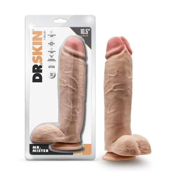 Dr. Skin Mr. Mister 10.5 Inches Dildo with Balls - Beige Light Skin Tone in packaging and standalone view