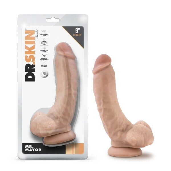Dr. Skin Mr. Mayor 9-Inch Dildo with Balls Beige Light Skin Tone, Realistic Design, Suction Cup, Packaging and Product Image
