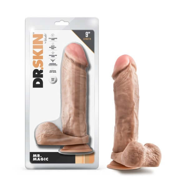 Dr. Skin Mr. Magic 9-inch dildo with balls in beige light skin tone with packaging shown for lifelike and hands-free play.