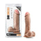 Dr. Skin Mr. Magic 9-inch dildo with balls in beige light skin tone with packaging shown for lifelike and hands-free play.