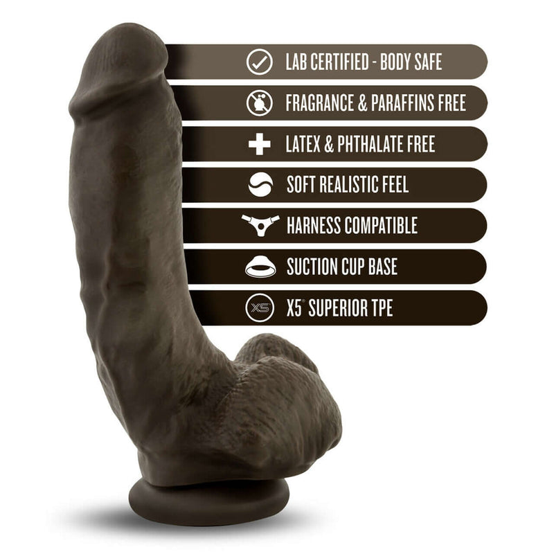 Loverboy The Mechanic Chocolate Brown Dildo with key features listed - lab certified, body safe, fragrance-free, and harness compatible