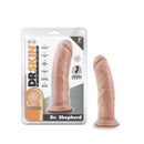 Dr. Skin Dr. Shepherd 8 inches Dildo with Suction Cup Light Skin Tone Vanilla in Packaging and Displayed Beside