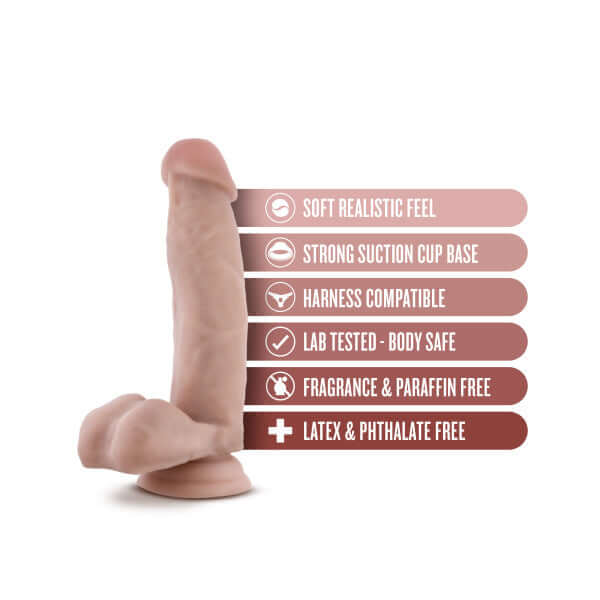 Realistic 7 Inch Tan Dildo by Dr. Skin with suction cup, harness compatible, soft feel, body safe, fragrance free, latex and phthalate free.
