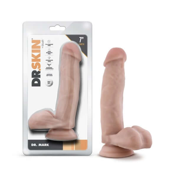 Realistic 7 Inch Tan Dildo with Suction Cup by Dr. Skin, boxed and unboxed versions displayed