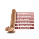 Dr. Skin Dr. Mark 7 inch dildo with balls, tan, with feature highlights such as soft realistic feel, strong suction cup base, and harness compatibility.