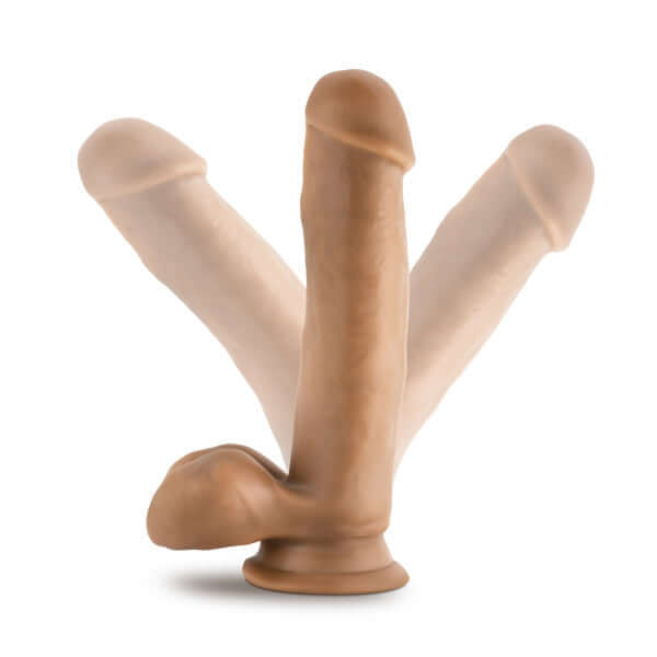 Dr. Skin Dr. Mark 7 inches dildo with balls in tan medium skin tone with suction cup base.