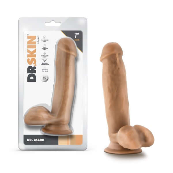 Dr. Skin Dr. Mark 7 Inches Dildo with Balls Tan Medium Skin Tone in Packaging and Unboxed with Suction Cup Base