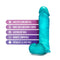 Realistic teal dildo with suction cup base and harness compatible feature for G-Spot and P-Spot stimulation.