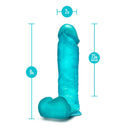 Teal 9-inch realistic dildo with 2-inch width and 7.5-inch insertable length, featuring a strong suction cup base for hands-free play.