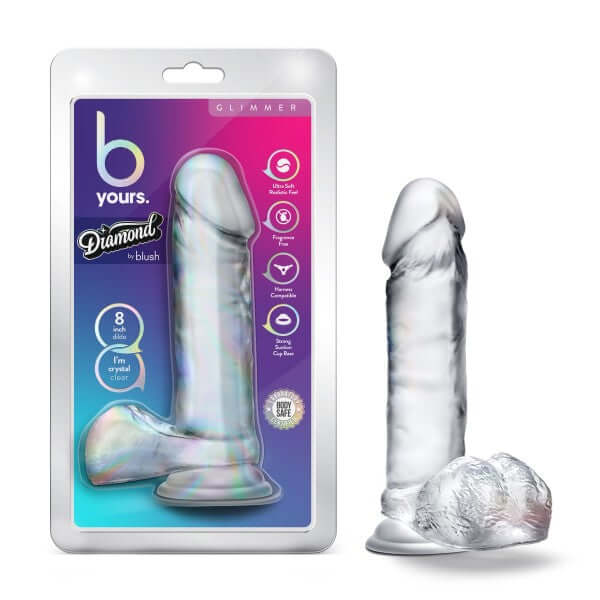 B Yours Diamond Glimmer Clear 8 inches Dildo in packaging and standalone, lifelike design for realistic pleasure and versatile play.