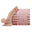 Dr. Skin Dr. Stephen 6.5 inch dildo with balls, showing features such as soft realistic feel, G-spot curve, strong suction cup, and body-safe materials