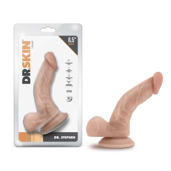Dr. Skin Dr. Stephen 6.5 inches Dildo with Balls Light Skin Tone with packaging by Blush Novelties.