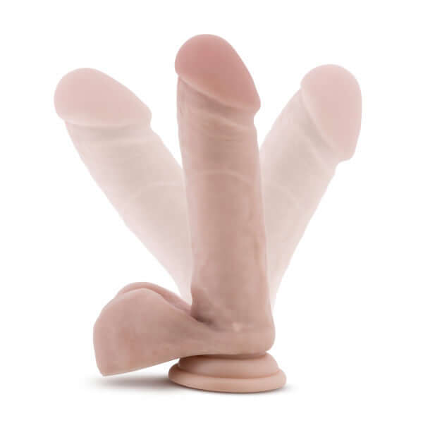 Dr. Skin Dr. William 8 inches dildo with balls in beige light skin tone showing flexibility and suction cup base for hands-free use.