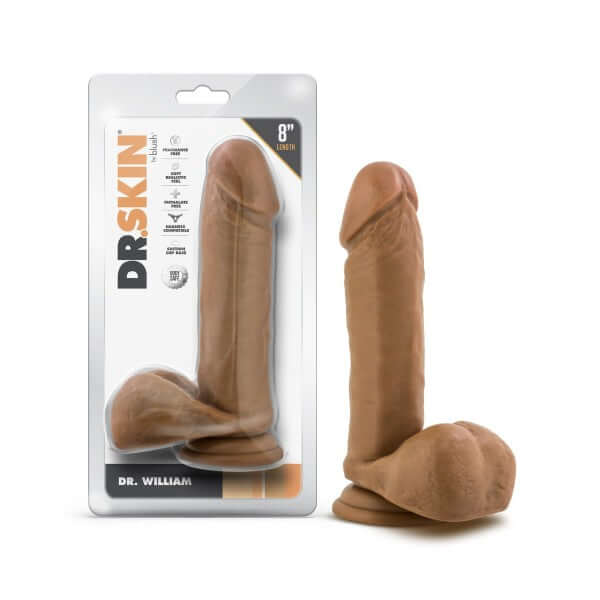Blush Novelties Dr. Skin Dr. William 8-Inch Dildo with Balls in tan medium skin tone with suction cup base and packaging shown