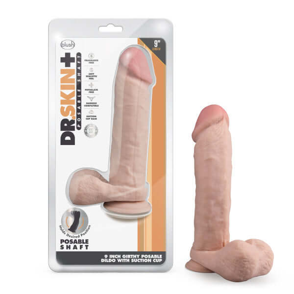 Dr. Skin Plus 9 inches Thick Girthly Posable Dildo with Balls - Vanilla Light Skin Tone packaging and product.