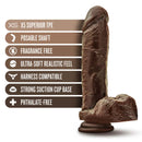 Dr. Skin Plus 9-inch posable dildo with balls in chocolate dark brown, X5 superior TPE, fragrance-free, harness compatible, strong suction cup