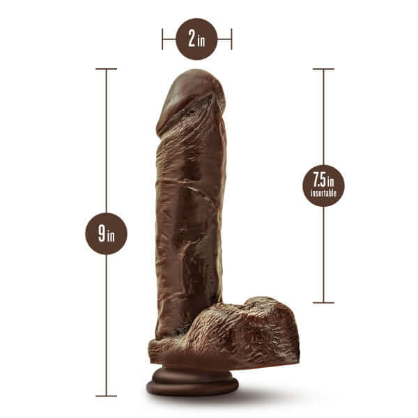 Dr. Skin Plus 9-inch posable dildo with balls, 2-inch width, 7.5-inch insertable length, dark brown, crafted with Sensa Feel Plus technology.