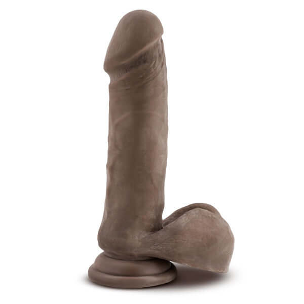 Dr. Skin Plus 9-inch thick girthly posable dildo with balls in chocolate dark brown, featuring realistic details and lifelike texture.