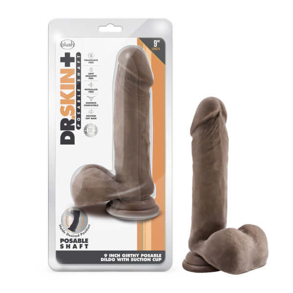 Dr. Skin Plus 9 inch Thick Girthly Posable Dildo with Balls in packaging and standing upright, chocolate dark brown color.