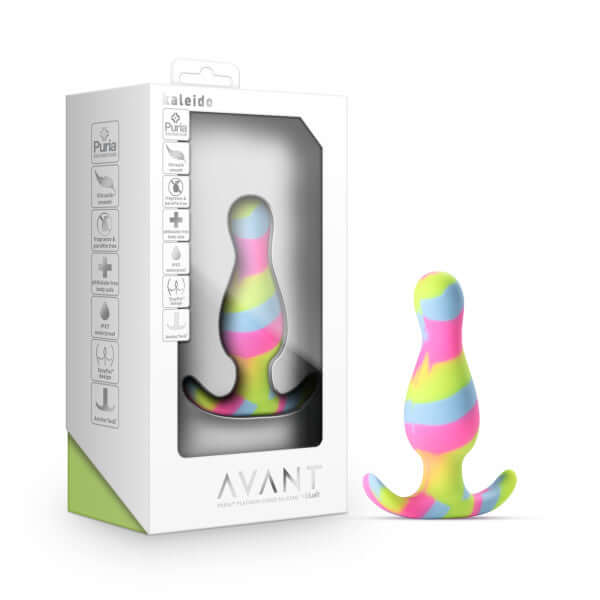 Avant Kaleido Lime Butt Plug in packaging and displayed, featuring colorful design and made from Puria platinum cured Silicone.
