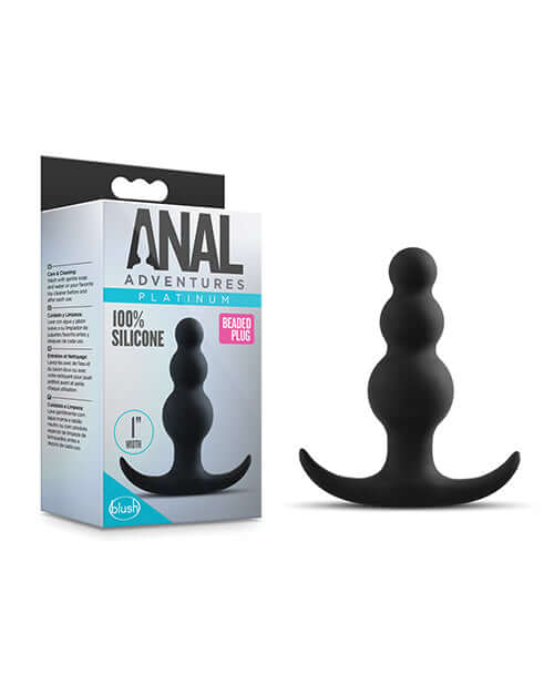 Anal Adventures Platinum Beaded Plug in black silicone with packaging from Blush Novelties