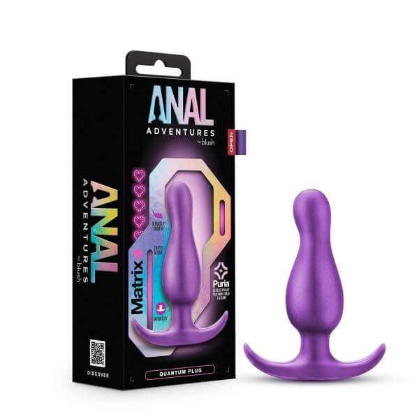 Anal Adventures Matrix Quantum Plug in packaging and product, Galactic Purple color by Blush Novelties