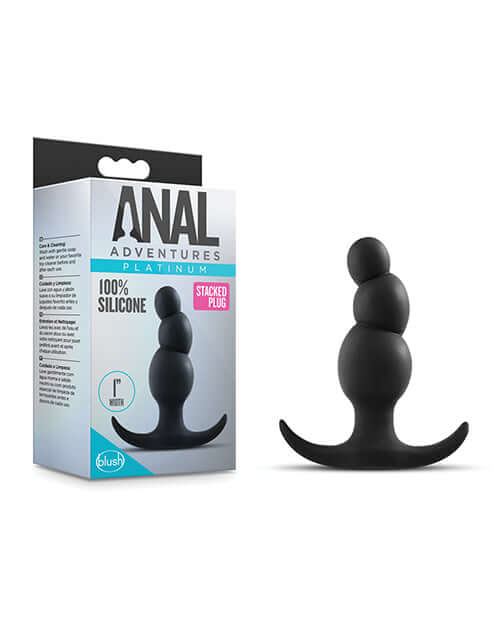 Anal Adventures Platinum Stacked Plug Black from Blush Novelties, 100% silicone, three tapered beads, anchor base, body-safe.