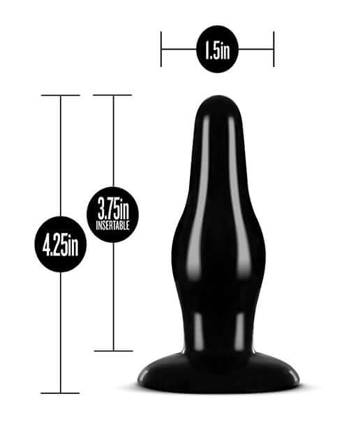 Anal Adventures Pleasure Plug Black, 1.5-inch width, 3.75-inch insertable length, 4.25-inch total length, tapered tip for easy insertion.