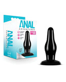 Anal Adventures Pleasure Plug Black with packaging featuring a tapered tip for easy insertion and a wide neck for a stretched feeling