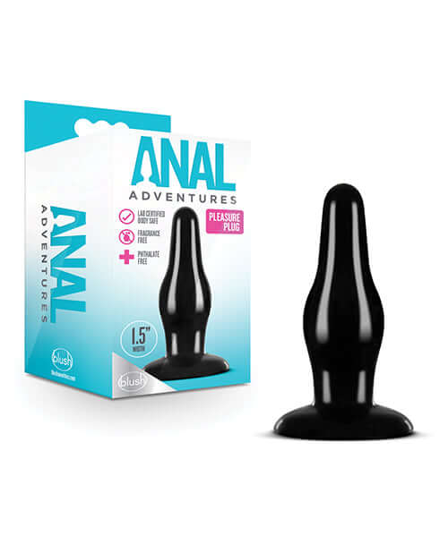 Anal Adventures Pleasure Plug Black with packaging featuring a tapered tip for easy insertion and a wide neck for a stretched feeling