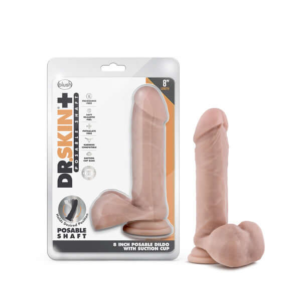 Dr. Skin Plus 8-inch posable dildo with balls in vanilla light skin tone beige with packaging from Blush Novelties