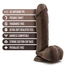 Dr. Skin Plus 8 inches posable dildo with balls and suction cup in dark brown, key features include X5 superior TPE, ultra-soft realistic feel