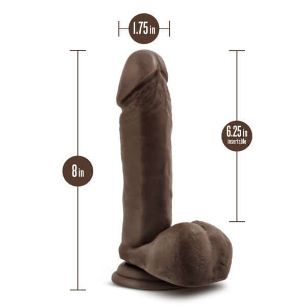 Dr. Skin Plus 8-inch Posable Dildo with Balls in Chocolate Dark Brown showing measurements