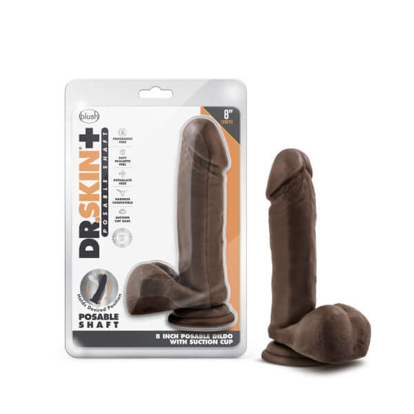 Dr. Skin Plus 8-inch Posable Dildo with Balls in Chocolate Dark Brown packaging by Blush Novelties