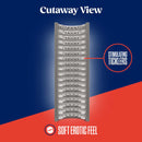 Cutaway view of Rize Strokerz clear male masturbation sleeve showcasing stimulating ticklers and soft erotic feel features.