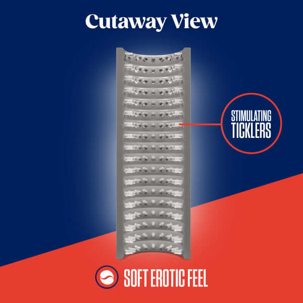 Cutaway view of Rize Strokerz clear male masturbation sleeve showcasing stimulating ticklers and soft erotic feel features.