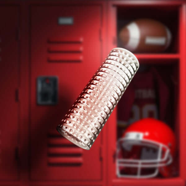 Rize Strokerz Clear Male Masturbation Sleeve 5.25 Inches against red locker and football gear background.