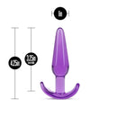 Purple B Yours Slim Anal Plug with ergonomic base, tapered design, body-safe material. Dimensions: 4.25in total length, 3.25in insertable length, 1in width.