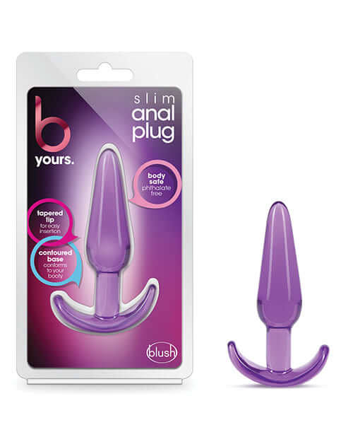 B Yours Slim Anal Plug Purple by Blush Novelties with tapered design and ergonomic base in packaging and out