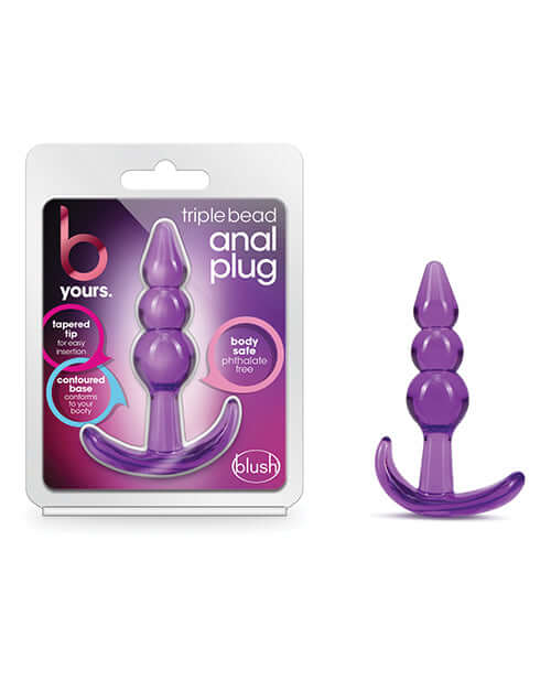 B Yours Triple Bead Anal Plug in Purple | Comfortable Beaded Design and Body-Safe | Blush Novelties Packaging and Product Display