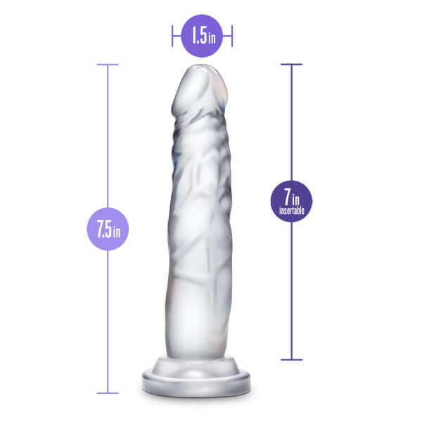B Yours Diamond Crystal Clear Dildo with dimensions 7.5 inches long, 1.5 inches wide, 7 inches insertable, and sturdy suction cup base.
