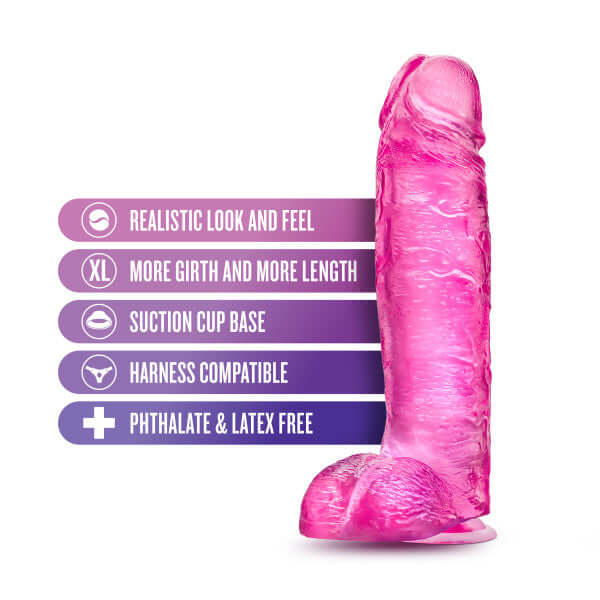 B Yours Plus Big N Bulky Pink Dildo features realistic look, extra girth, suction cup base, harness compatibility, and is phthalate and latex free