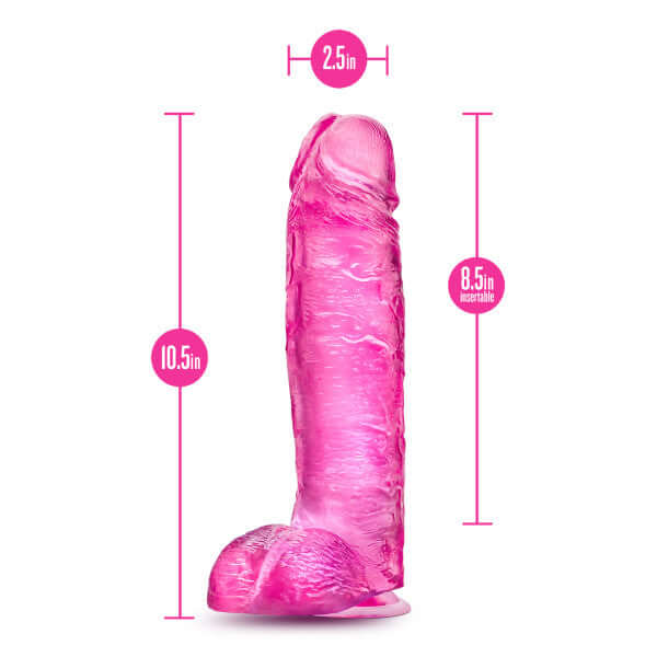 B Yours Plus Big N Bulky Pink Dildo 10.5in Length 8.5in Insertable 2.5in Width, Realistic Design with Suction Cup Base