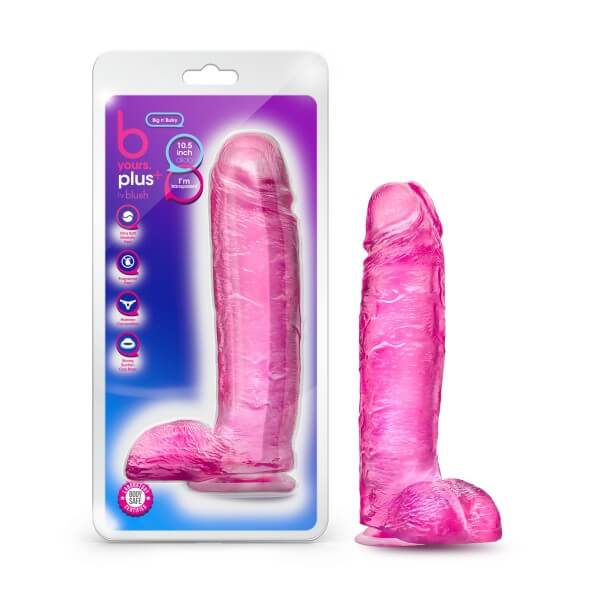 B Yours Plus Big N Bulky Pink Dildo with Suction Cup from Blush Novelties in Packaging and Standalone.