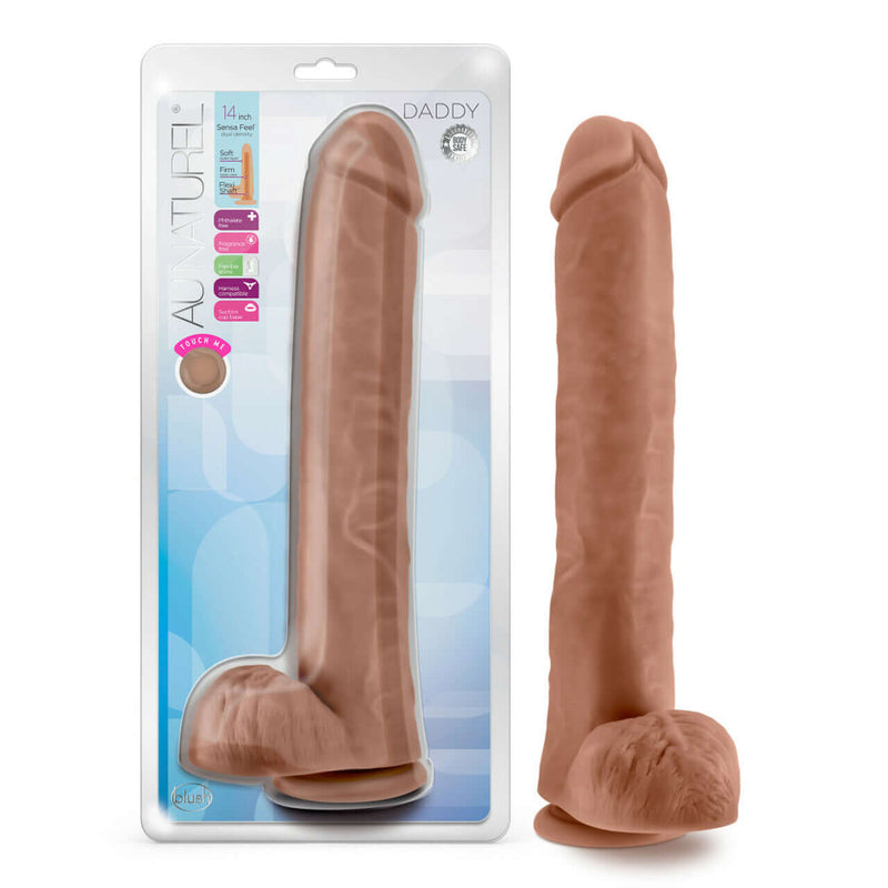 Au Naturel Daddy 14 inches dildo Mocha by Blush Novelties with ultra realistic Sensa Feel layers and Flexi Shaft technology in packaging.