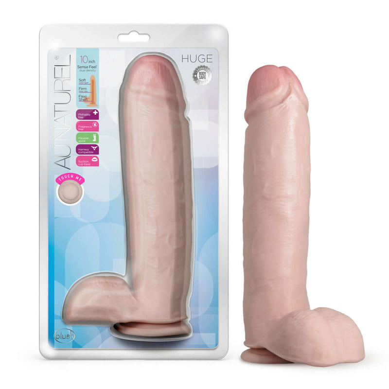 Au Naturel 10 inch realistic dildo with vanilla light skin tone in packaging and standing upright